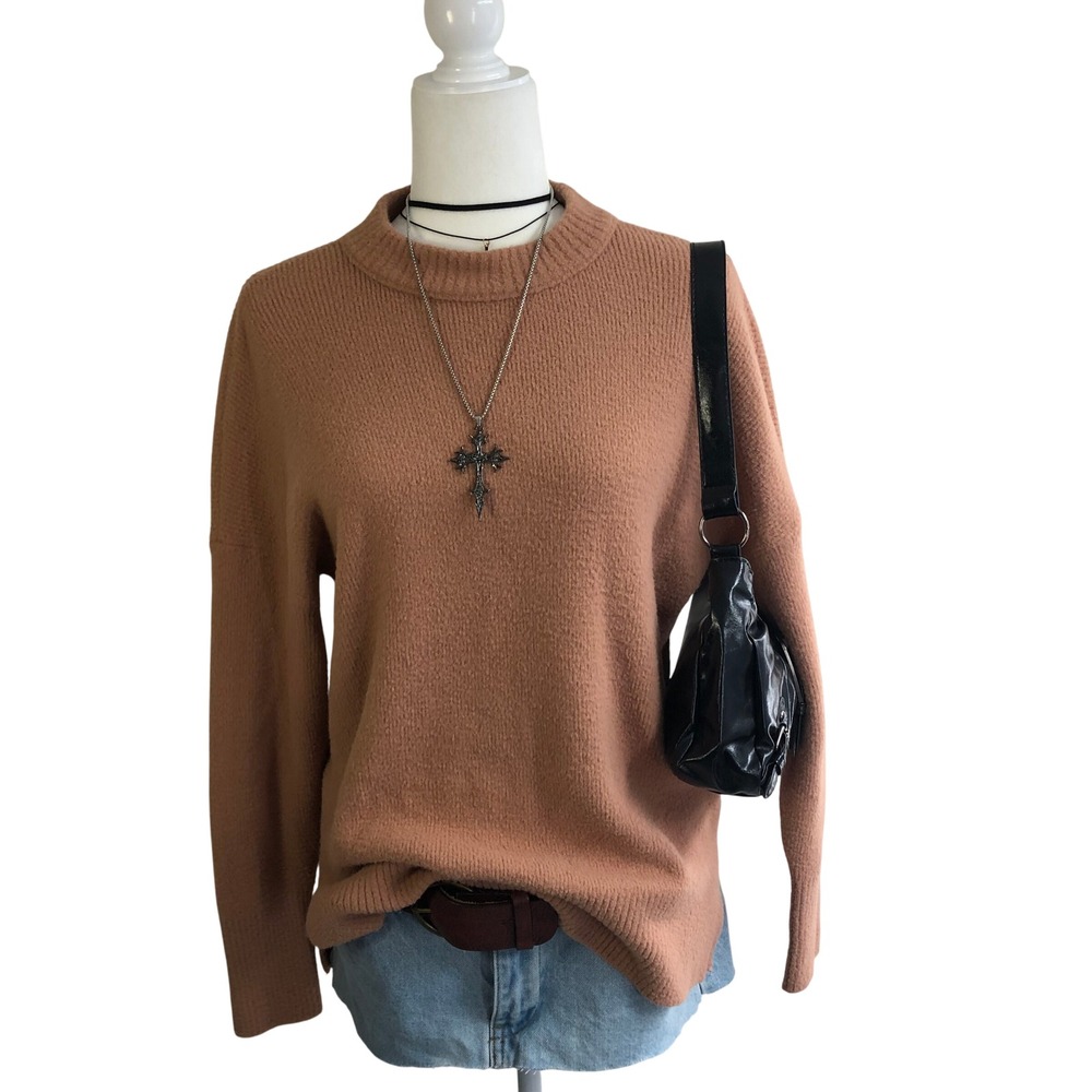 Abercrombie & Fitch Soft A&F Sweater Women XS Oversized Crewneck Side Slit Brown
